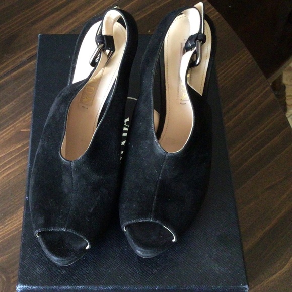 Prada Black Suede Peep Toe Slingback Pumps Platform Block Heel Women  S 36 1/2 - Picture 1 of 8